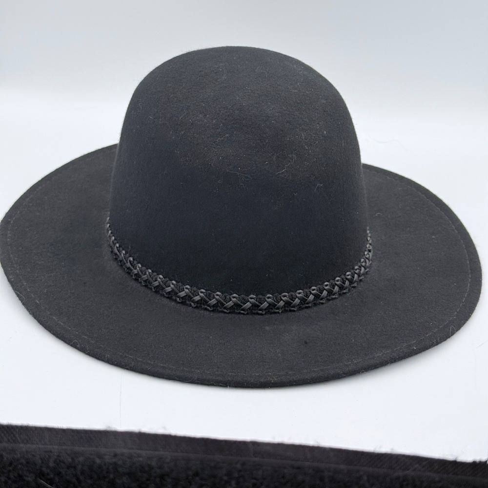 August Hat Company Black 100% Wool Wide Brim Fedora Hat Braided Trim One Size